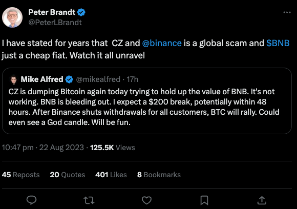 Peter Brandt calls Binance a global scam