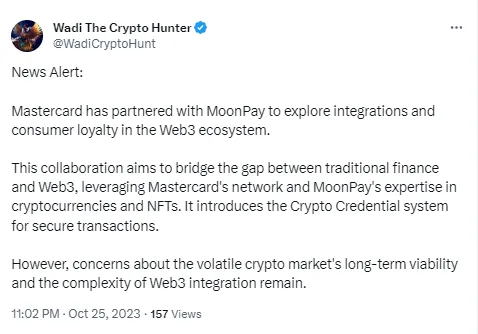 MoonPay partners with Mastercard: Twitter (X)