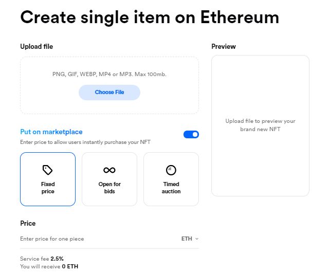 rarible create single item on ethereum |
