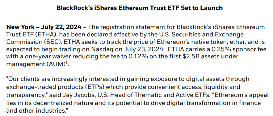 Commento di BlackRock sul lancio di ETF su Ethereum,
