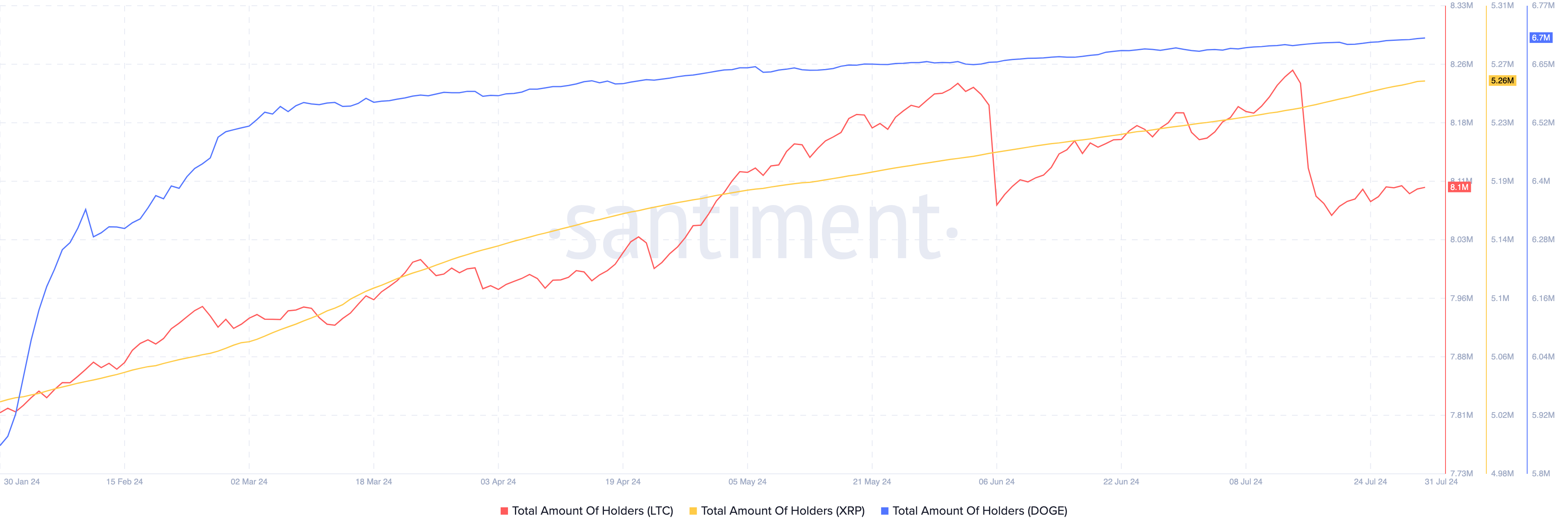 Quantità di possessori di Litecoin, XRP e Dogecoin