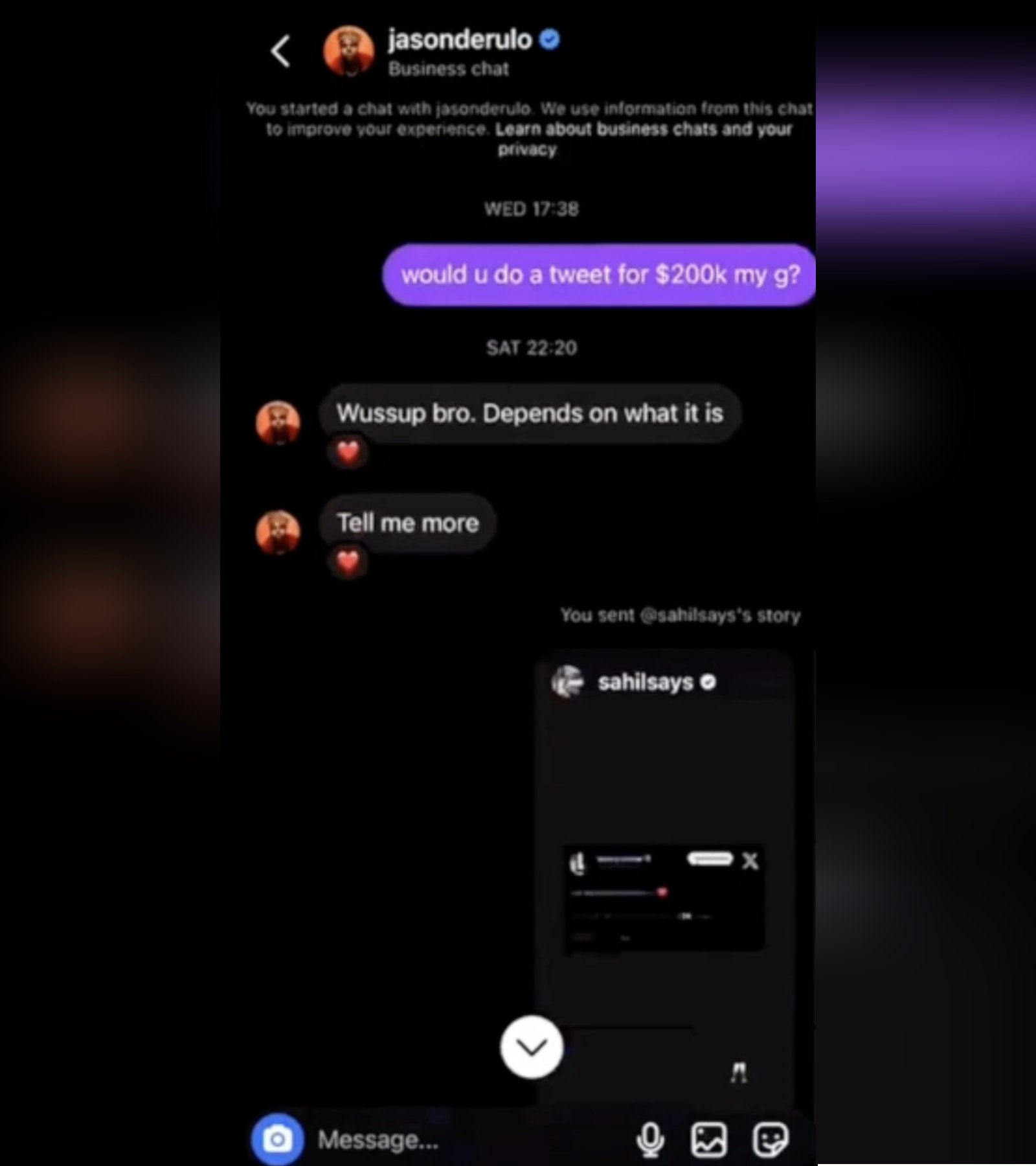 La presumibile chat di Sahil Arora con Jason Derulo