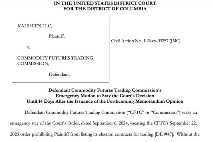 Mozione di sospensione della CFTC contro Kalshi.