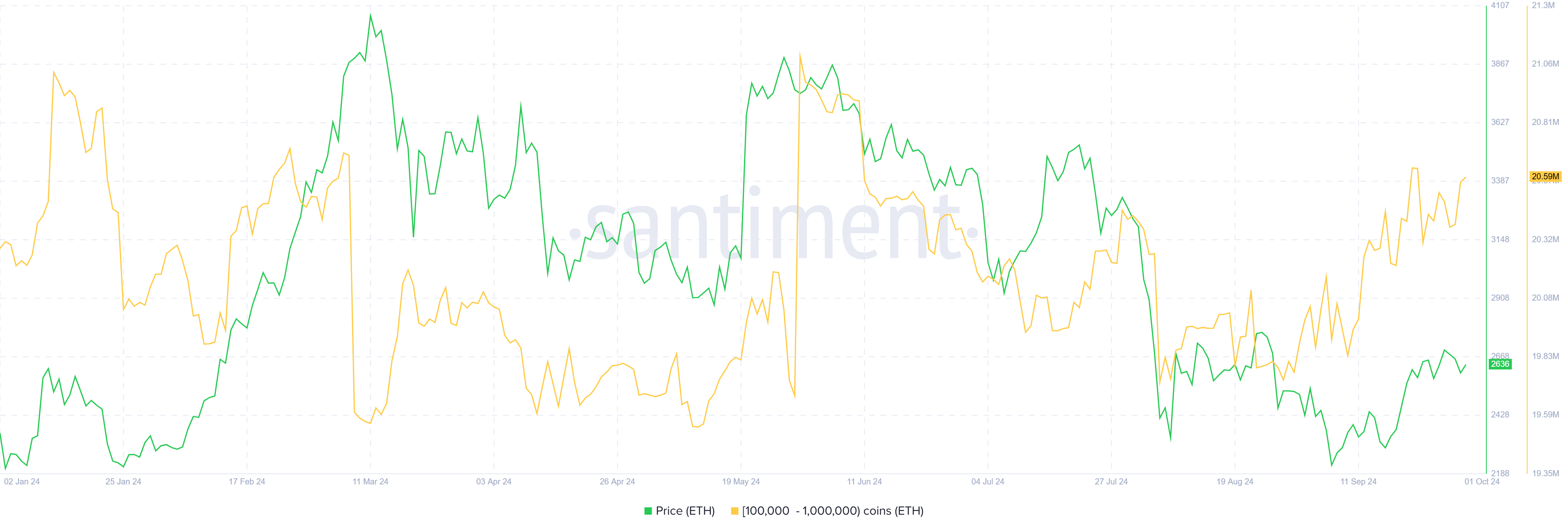 Accumulo di Ethereum da parte delle whales.