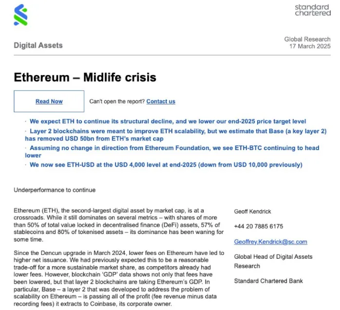 Standard Chartered revises Ethereum forecast