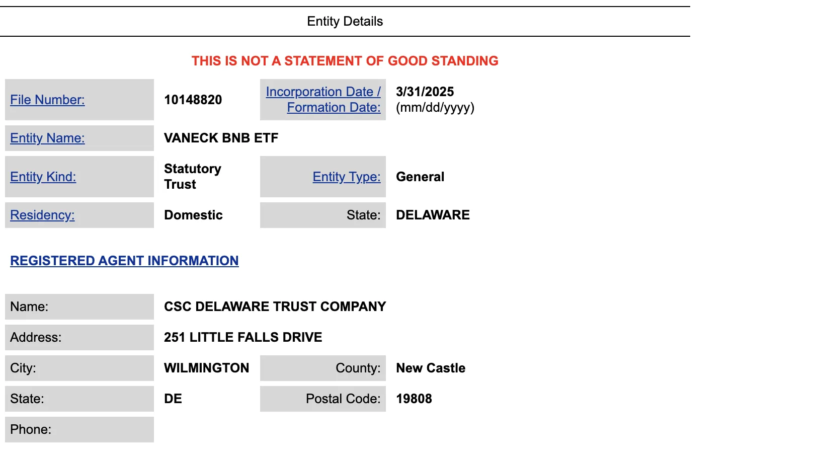 VanEck BNB ETF Filing