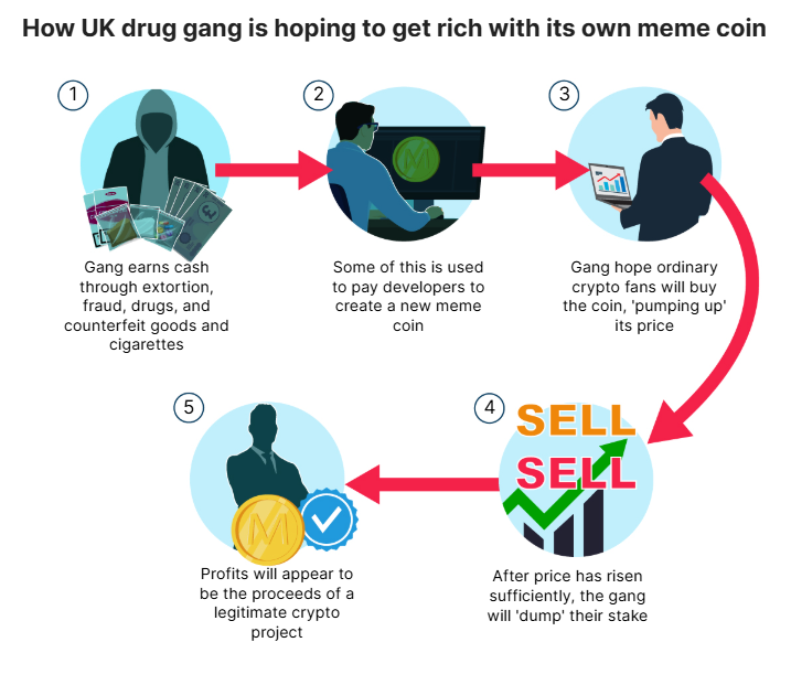 Illustrazione di come i criminali riciclano denaro usando le memecoin. Fonte: MailOnline