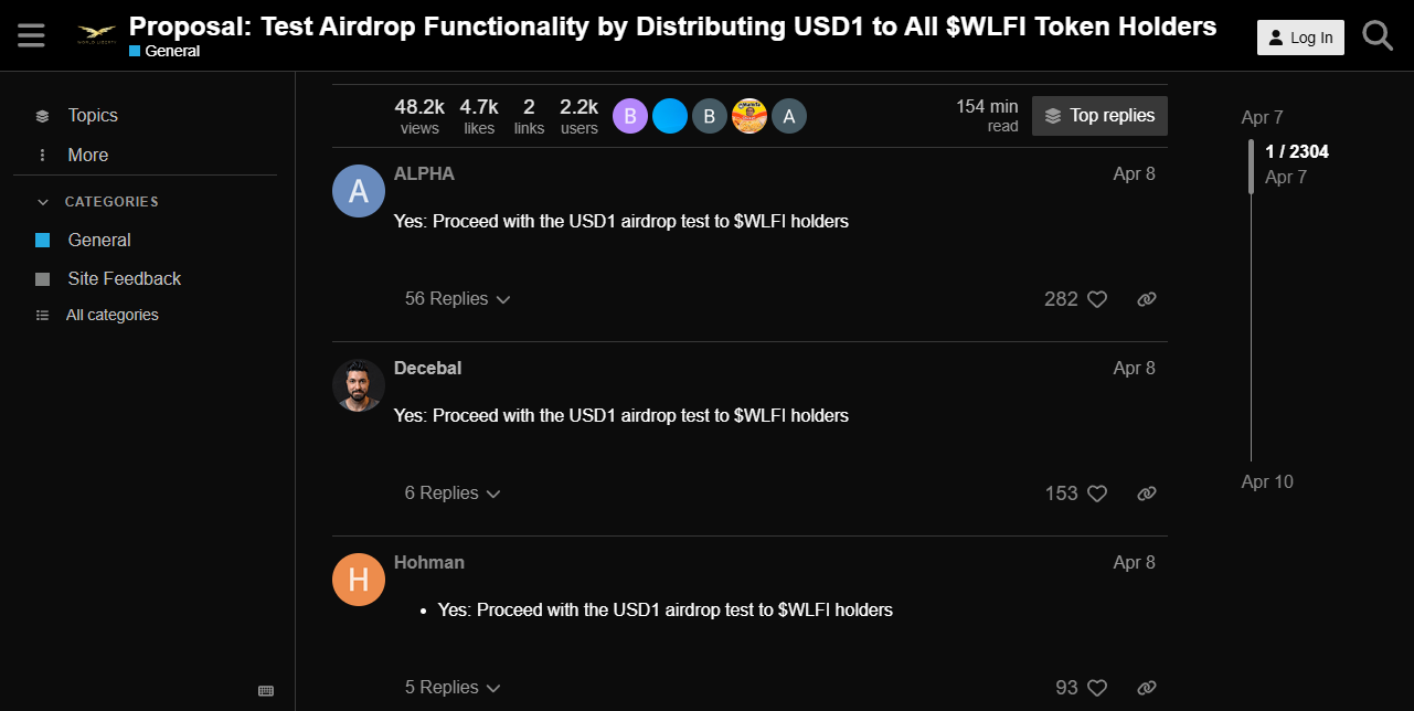 Risposte della comunità alla proposta di airdrop di USD1