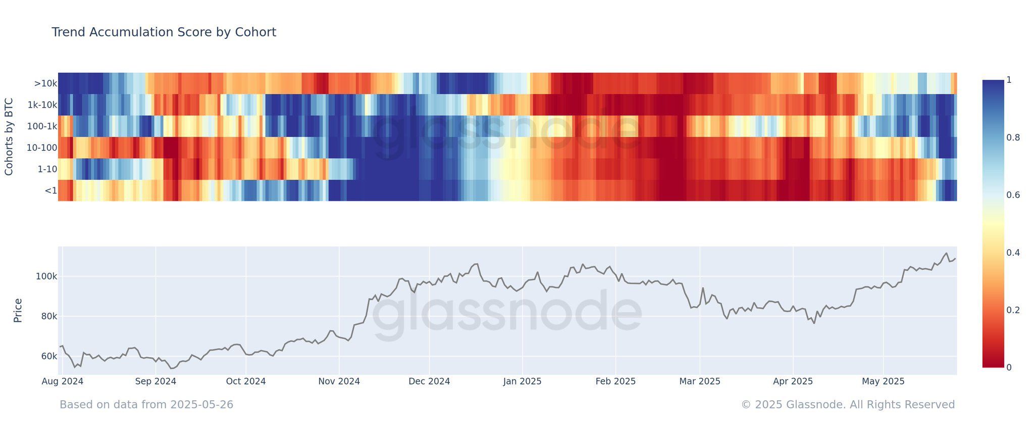 Punteggio di accumulazione del trend di Bitcoin per coorte.