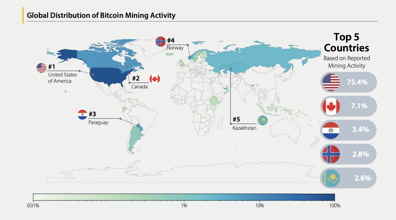 Distribuzione globale dell'attività di mining di Bitcoin.