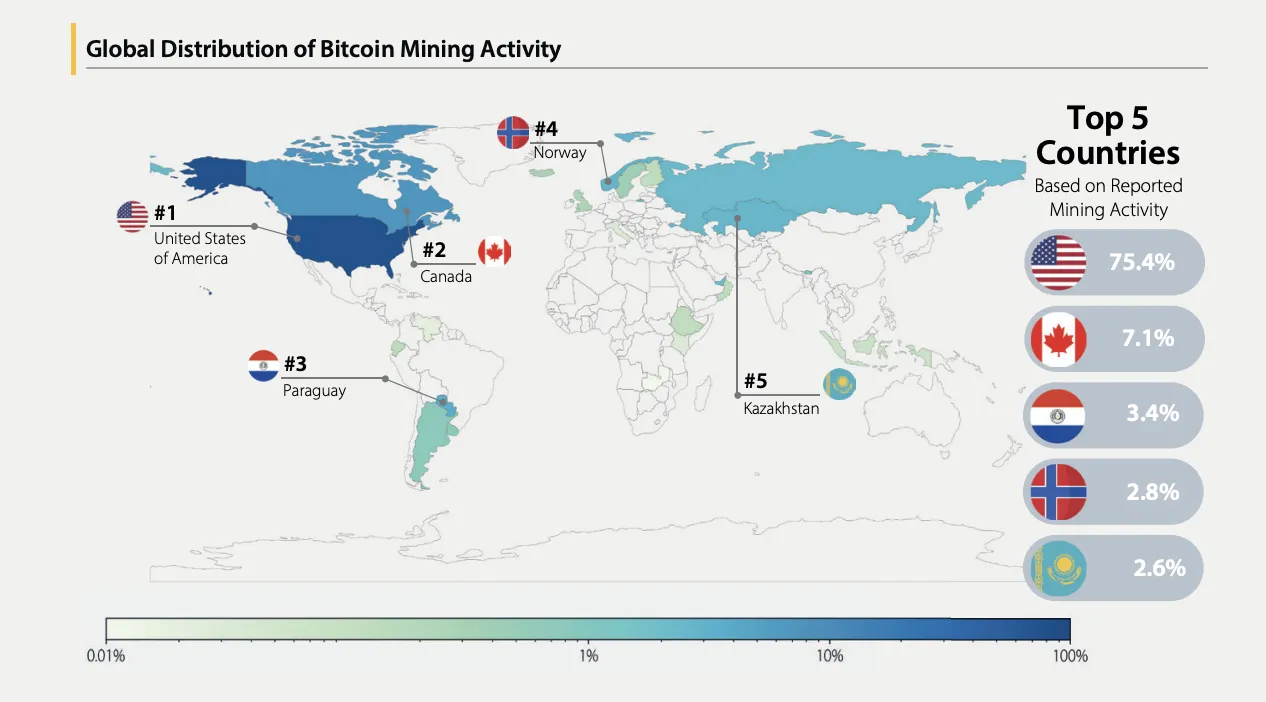 Distribuzione globale dell'attività di mining di Bitcoin.