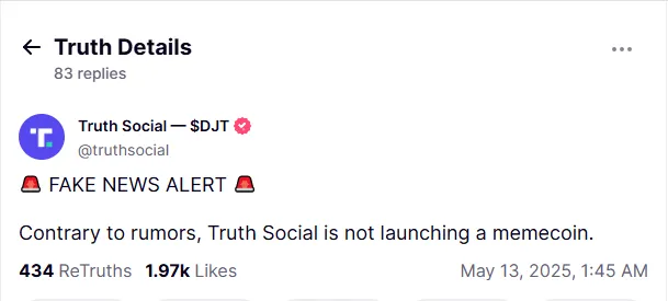 Truth Social nega le voci sulla meme coin