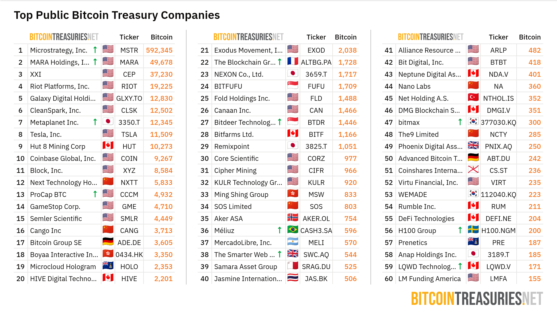 Elenco delle aziende quotate in borsa che detengono BTC. Fonte: BitcoinTreasuries