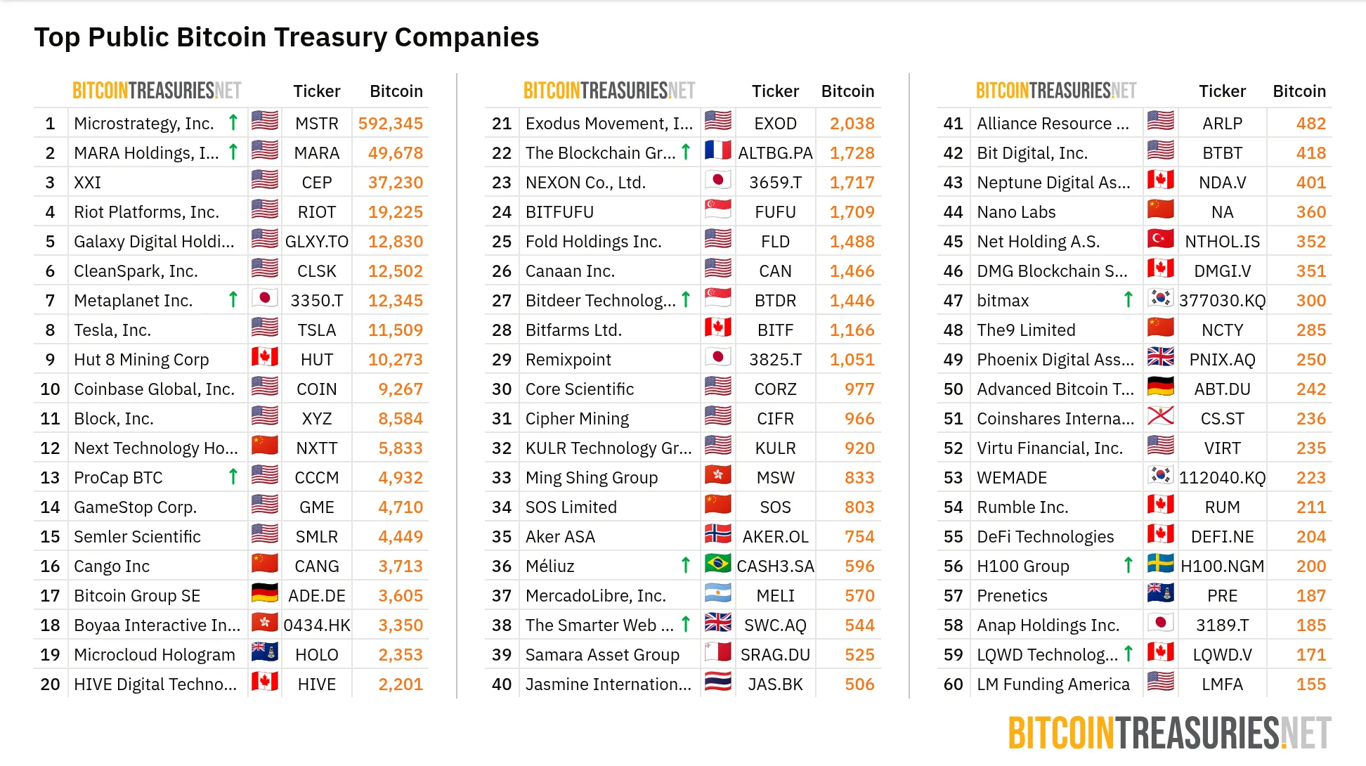 Elenco delle aziende quotate in borsa che detengono BTC. Fonte: BitcoinTreasuries