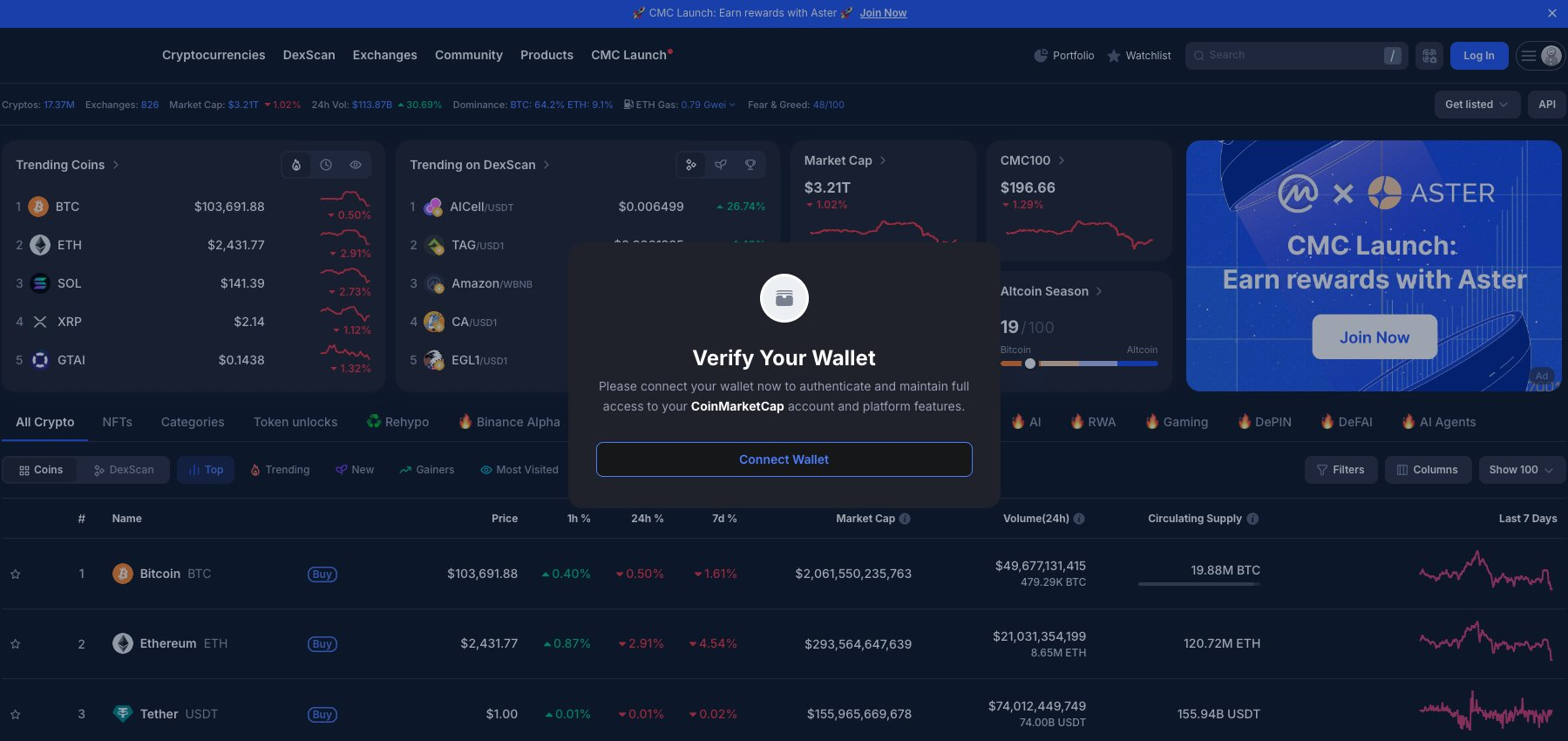 Il messaggio pop-up malevolo sulla homepage di CoinMarketCap.