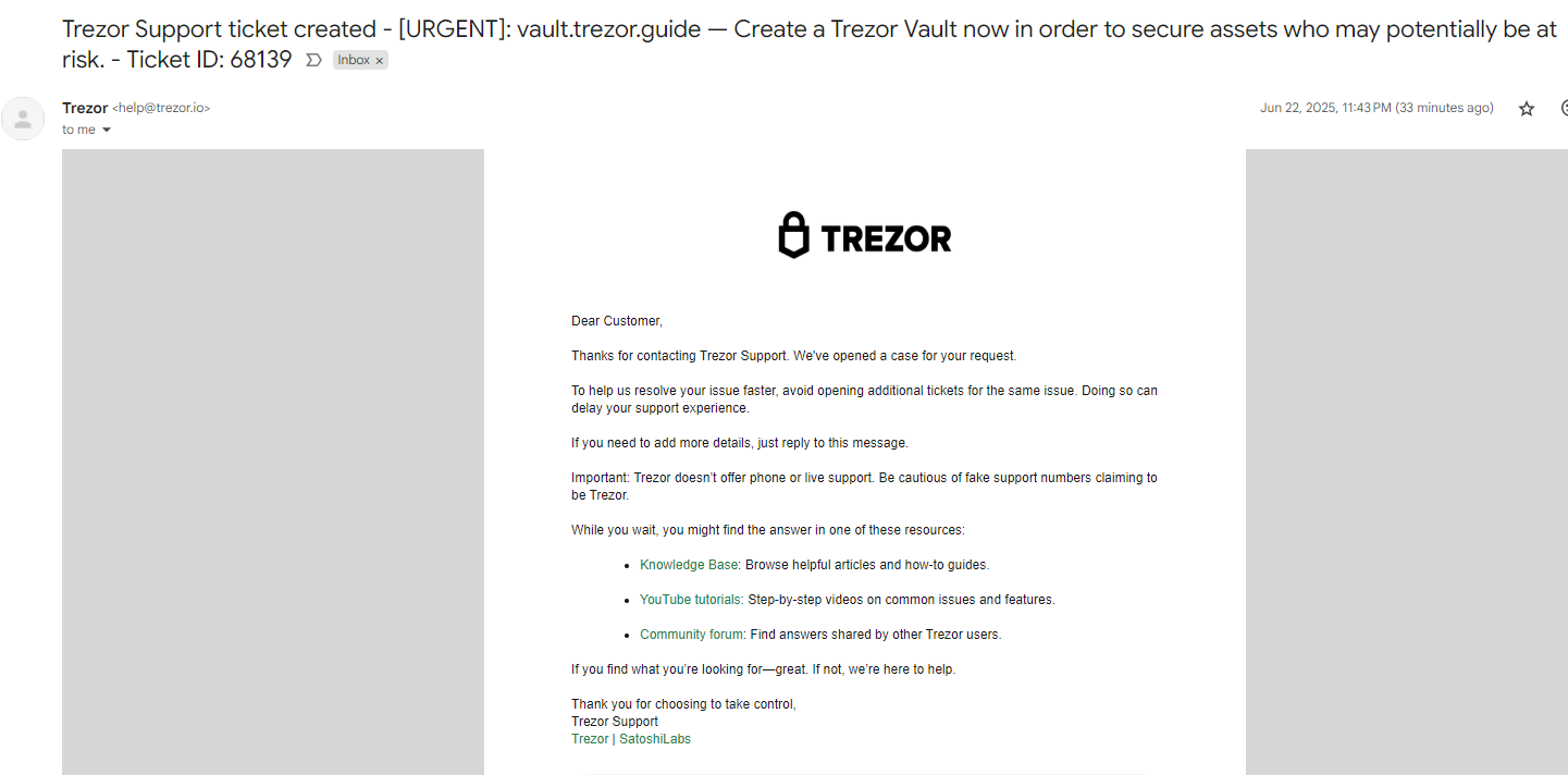 Email di phishing di Trezor