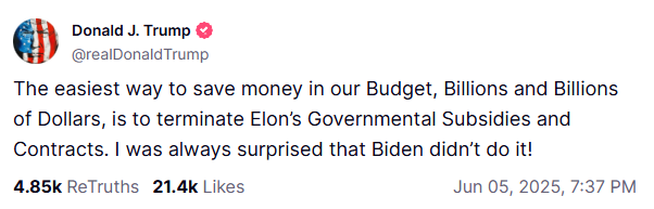 Post del Presidente USA su Truth Social