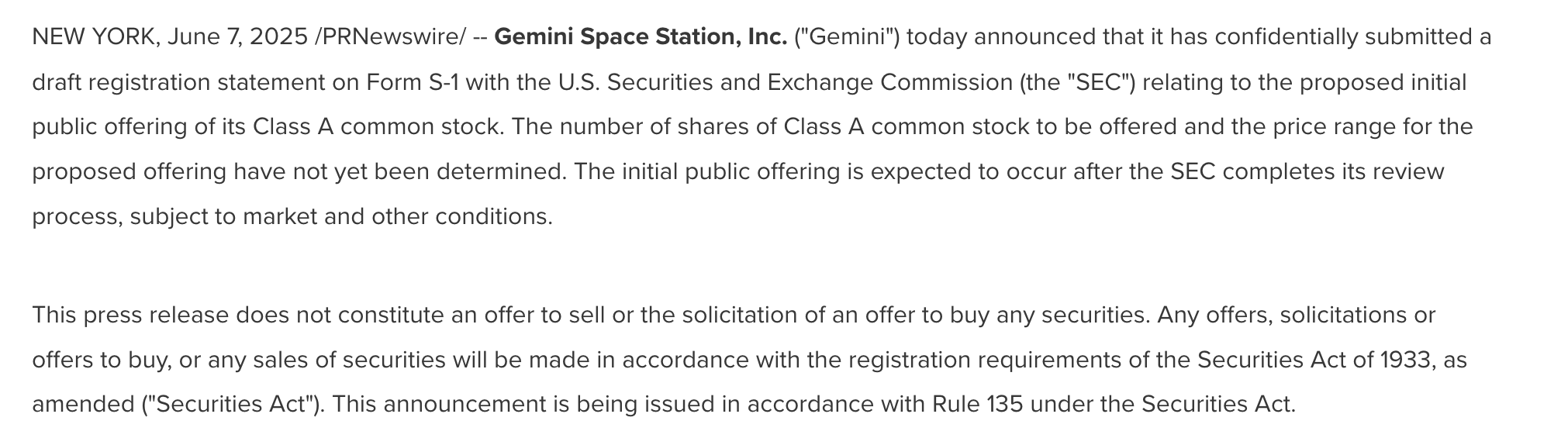 Dichiarazione IPO di Gemini.