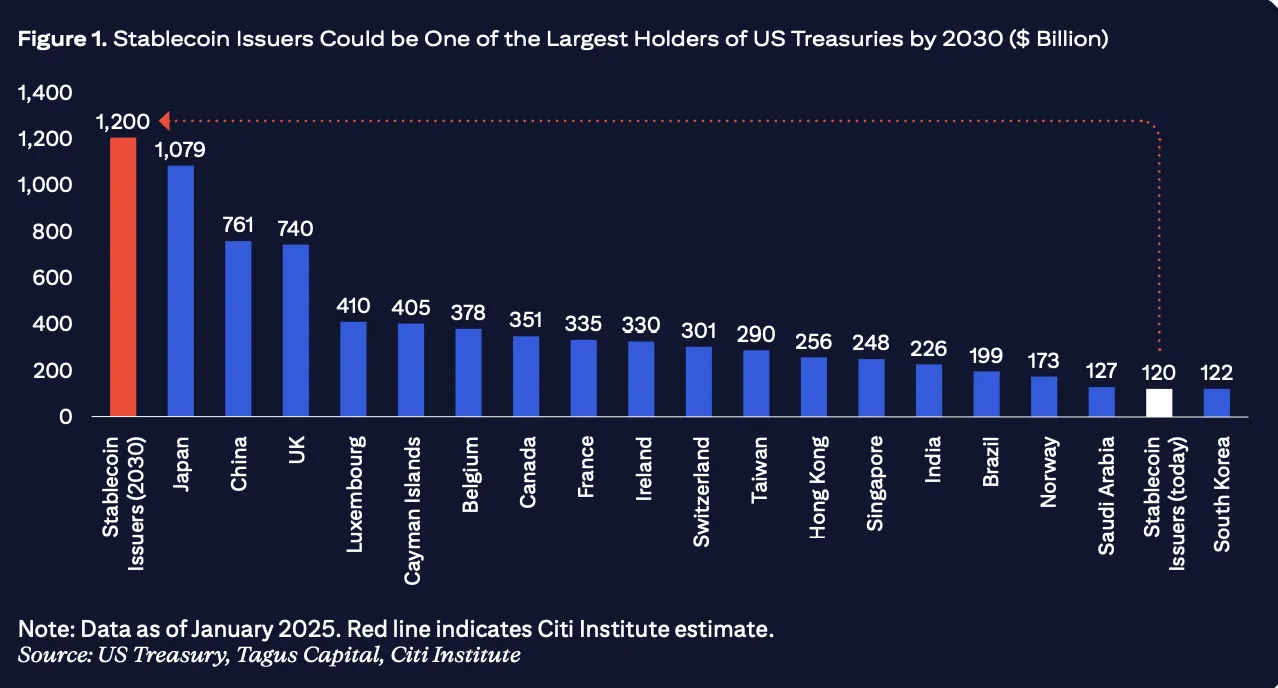 Gli emittenti di stablecoin potrebbero essere tra i maggiori detentori di titoli di stato USA entro il 2030. Fonte: Citigroup.