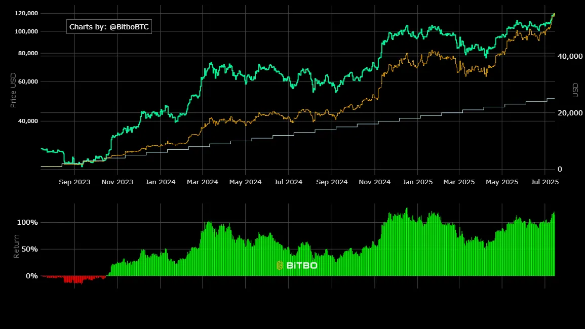 Performance mensile DCA con $1.000 in Bitcoin. Fonte: Bitbo