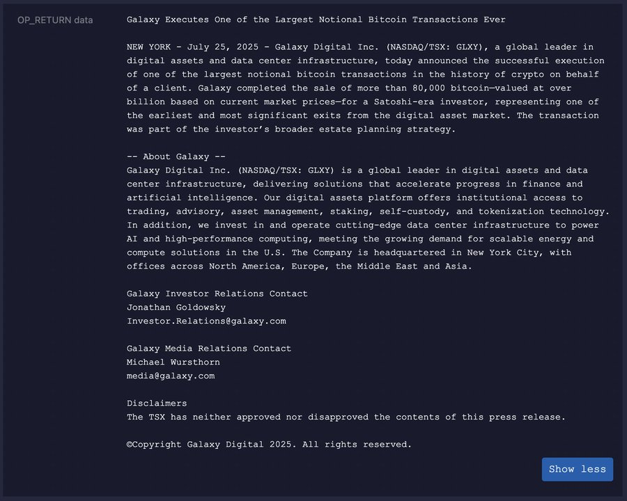 Messaggio incorporato di Galaxy Digital sulla rete Bitcoin.