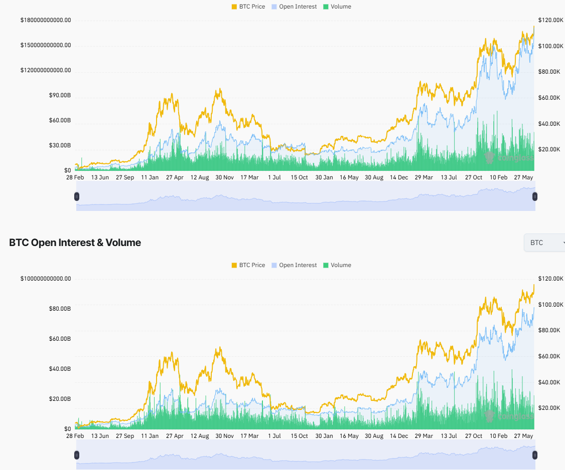 Open Interest del mercato e di Bitcoin. Fonte: Coinglass