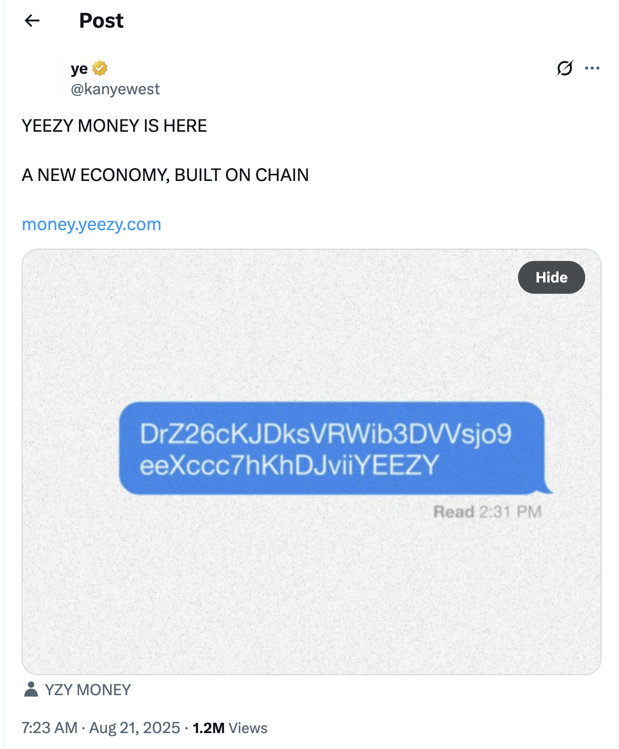 Lancio della crypto di Kanye West, YZY